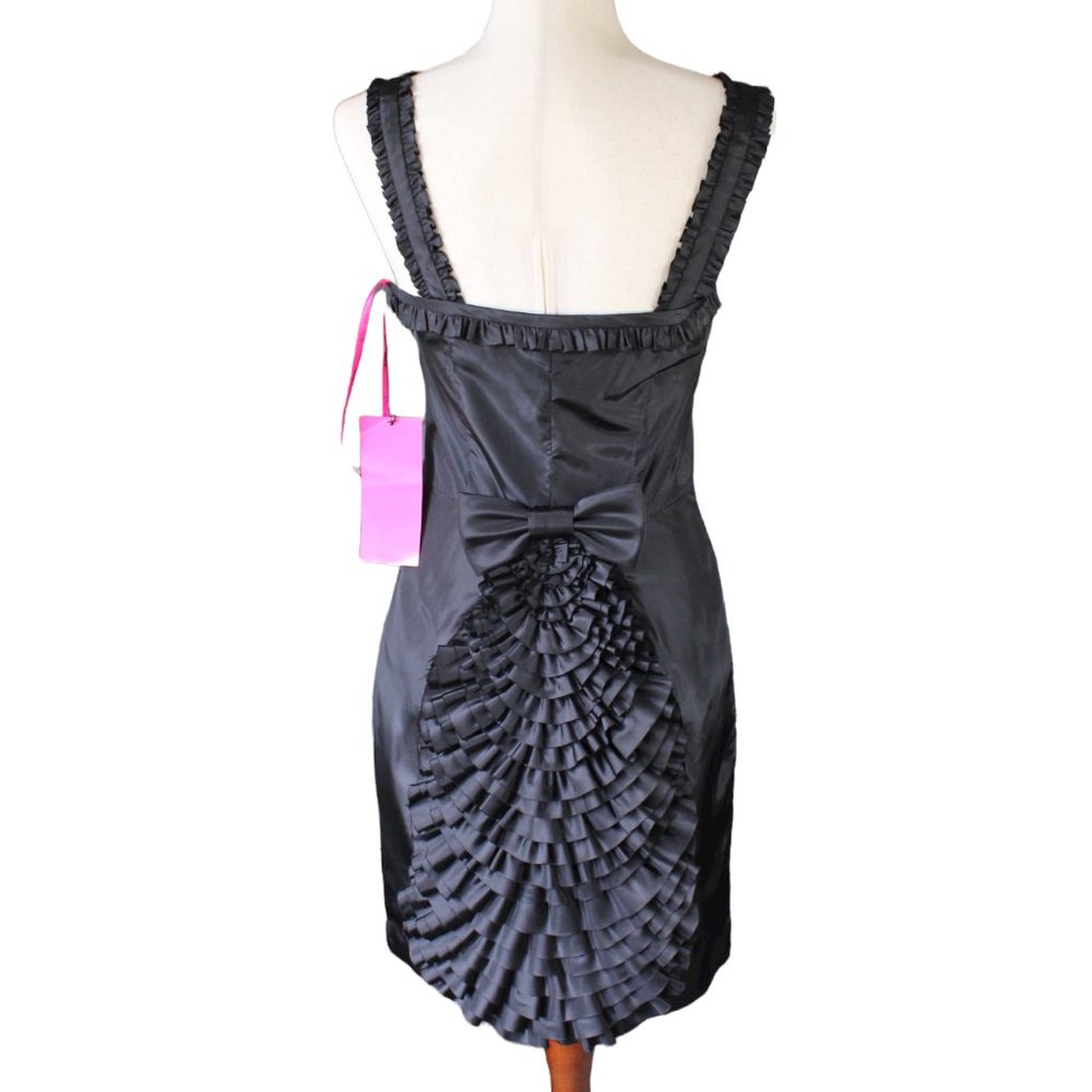 NWT- The Betsy Johnson Tiered Ruffle Peacock Tail Dress in Black Fully lined, S4